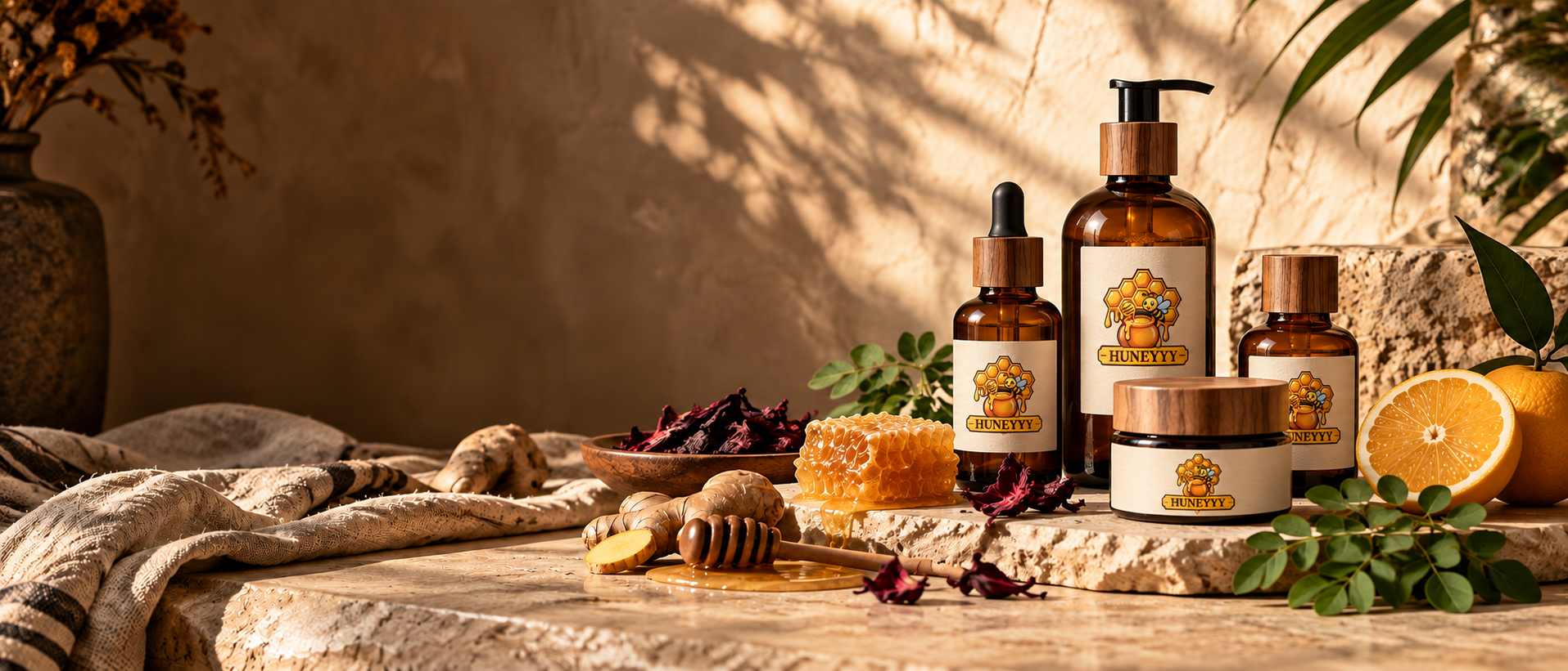 Branded Huneyyy bottles with honey and botanicals in warm sunlight