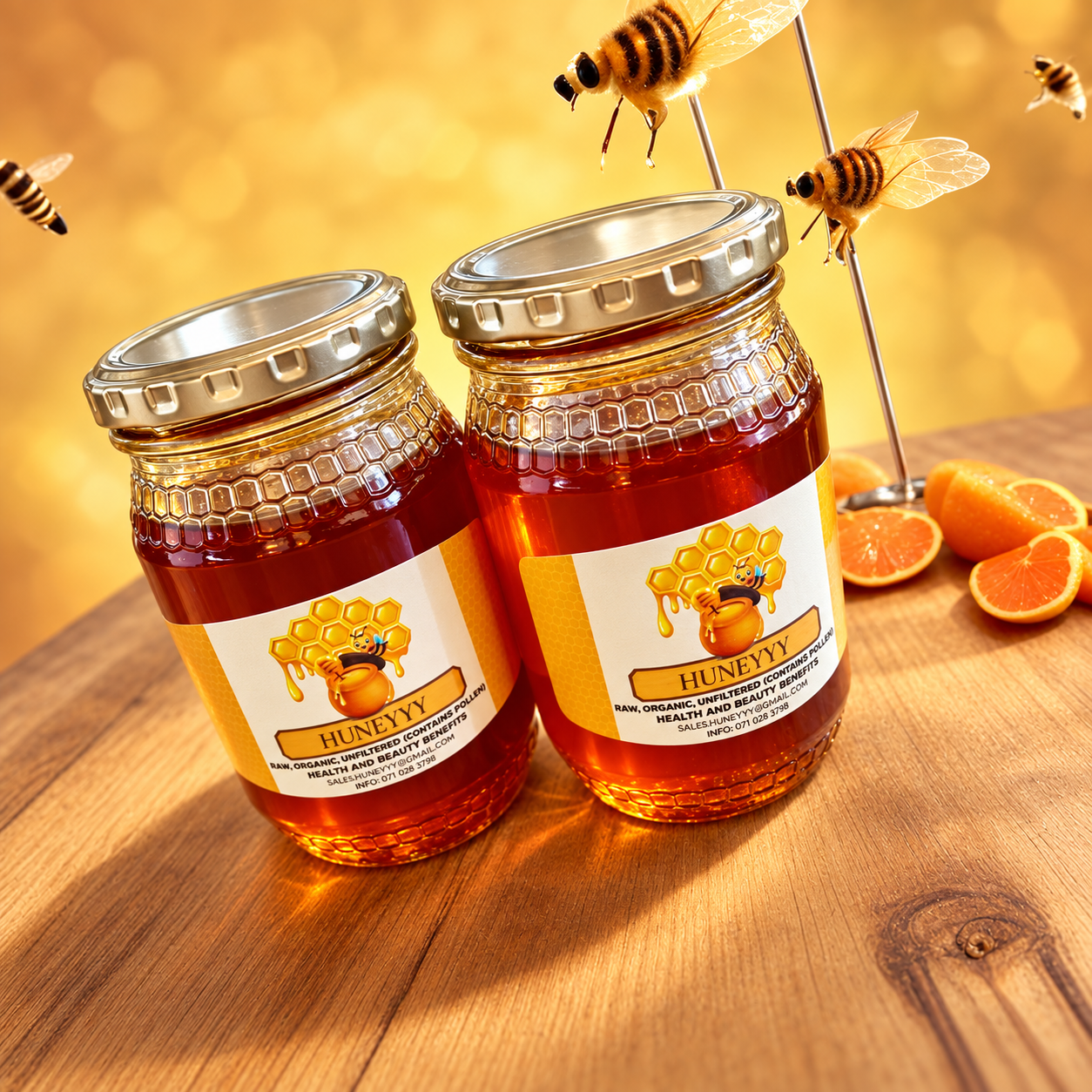 Huneyyy honey jars with warm honey-toned styling