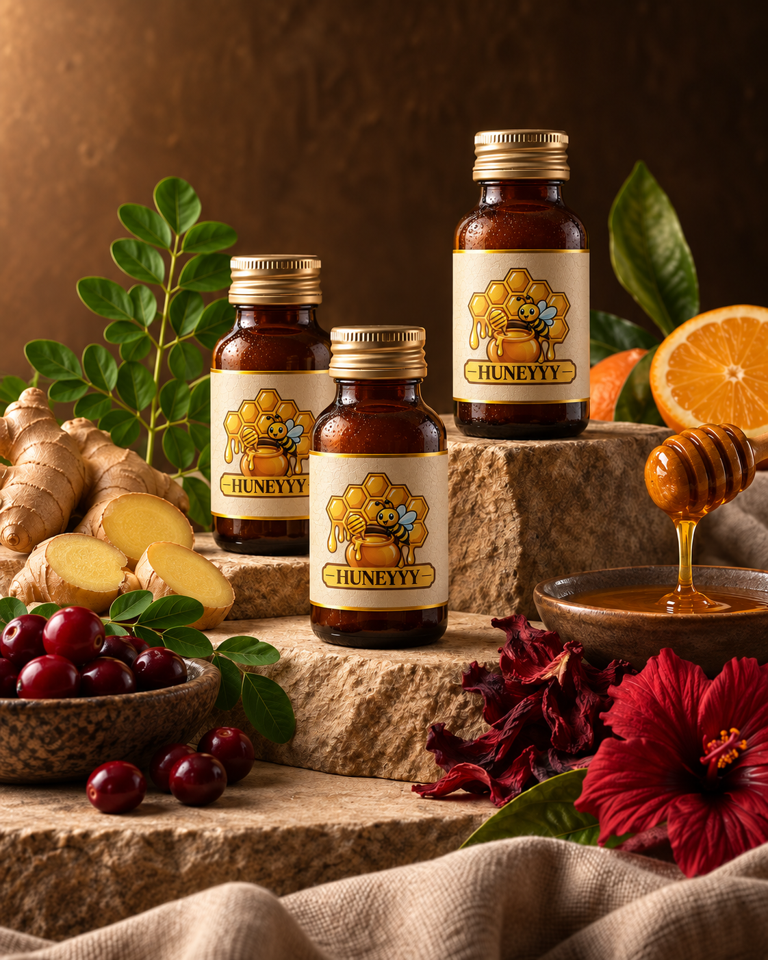 Branded Huneyyy Restore bottles surrounded by honey, citrus, ginger, cranberry, and hibiscus